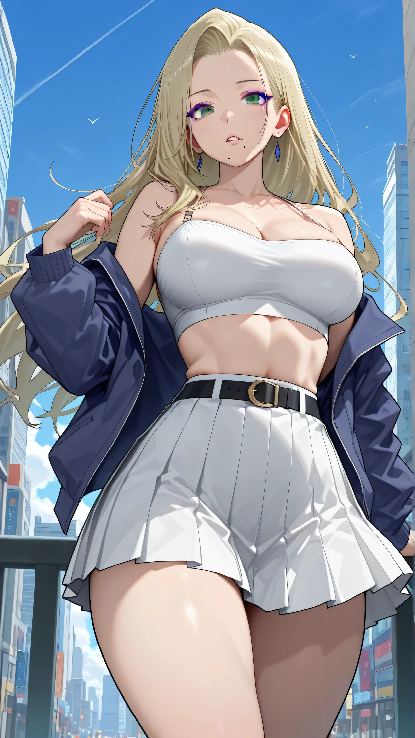 , 1 girl, ahoge, alone, Minami Fuyuki, blonde hair, long hair, purple eyes, looking at viewer, smile, (blush on nose: 1.2), white blouse, high-necked blouse, sleeveless, cleavage, black jeans tight,black shoes ,outdoor, street, walking, nsfw, (from below: 1.2), uncensored, (high resolution: 1.2), (ultra detailed: 1.2), [high dynamic range lighting], (masterpiece : 1.3), (best quality), high quality intricate details (extremely detailed CG unity 8k wallpaper: 1.2), best shadow (extremely detailed fine touch: 1.2), (high resolution), (4k), (pixiv) , perfect face, pretty eyes and face (super detailed), detailed face and eyes, textured skin, absurd, high resolution, deep skin, perfect anatomy, perfect hands, big breasts, medium waist, wide hips, wide thighs, round butt, looking at viewer, head on, focus on breasts, pov (from above)