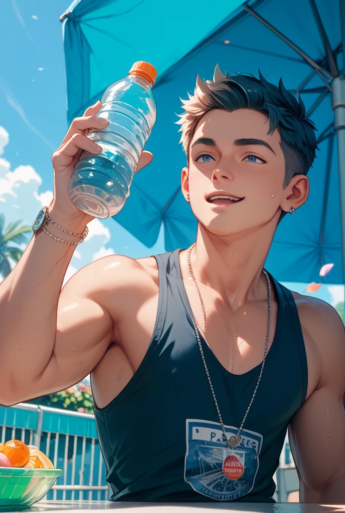 1boys. Body, ((work)), (Realistic), Depth of field, The boy lay on the ice, Coke bottle handle, Suitable for men, (Handsome face), , Sea , beach, (musculature: .6), (Ice plastic portable), Pants pull down the legs, ((Smile)), shorter pants