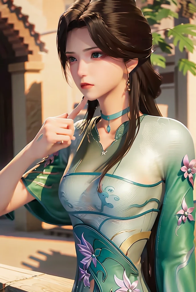 (masterpiece, best quality), intricate details, beautiful girl, brown hair, bright green eyes, purple robes, revealing, big breasts, long messy hair, pretty lips, close up, smirk, colourful forest setting, sexy, jewelry, upper body, bright, gold necklace
