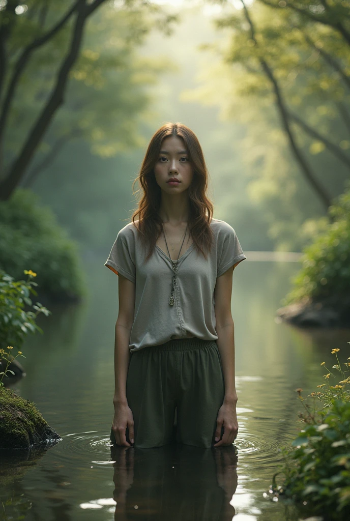 Professional photography of a Korean woman with long hair wearing a sweater and shorts, with a scarf around her neck, standing on the edge of a lake with a peaceful forest view in the morning. The sunlight penetrates the dense canopy of trees, casting a golden glow that illuminates the misty atmosphere. The warm orange sunlight radiates beautifully from the sun hidden behind the dense trees, reflecting off the calm waters below, creating a mirror effect. The mountain with its lush green trees stands tall and majestic from a distance, charming pose
