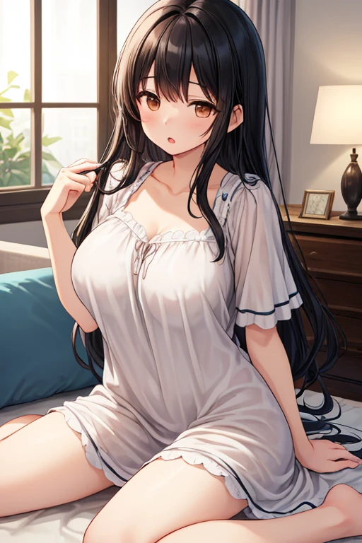 1girl, mature women,perfect ,black hair, long hair, (hair over one eye:1.4), messy hair, hair between eyes,plump, saggy breast, pajama, cute shy blush on , bedroom