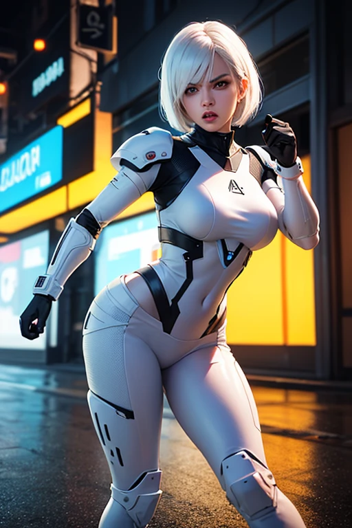 complex 3d render ultra detailed of a beautiful porcelain profile woman android face, yellow shinu gross lycra body suit, unzipped open, luminous pink strip, cyborg, robotic parts,robotic arms, mechanic legs, look at viewer, 150 mm, soft light, rim light, vibrant details, luxurious cyberpunk, lace, hyperrealistic, anatomical, facial muscles, tight body, cable electric wires, microchip, elegant, beautiful background, octane render, H. R. Giger style, 8k, best quality, masterpiece, illustration, an extremely delicate and beautiful, extremely detailed ,CG ,unity ,wallpaper, (realistic, photo-realistic:1.37),Amazing, finely detail, masterpiece,best quality,official art, extremely detailed CG unity 8k wallpaper, full body, grin, standing, sexy pose, huge breasts, futuristic city, building, outdoor