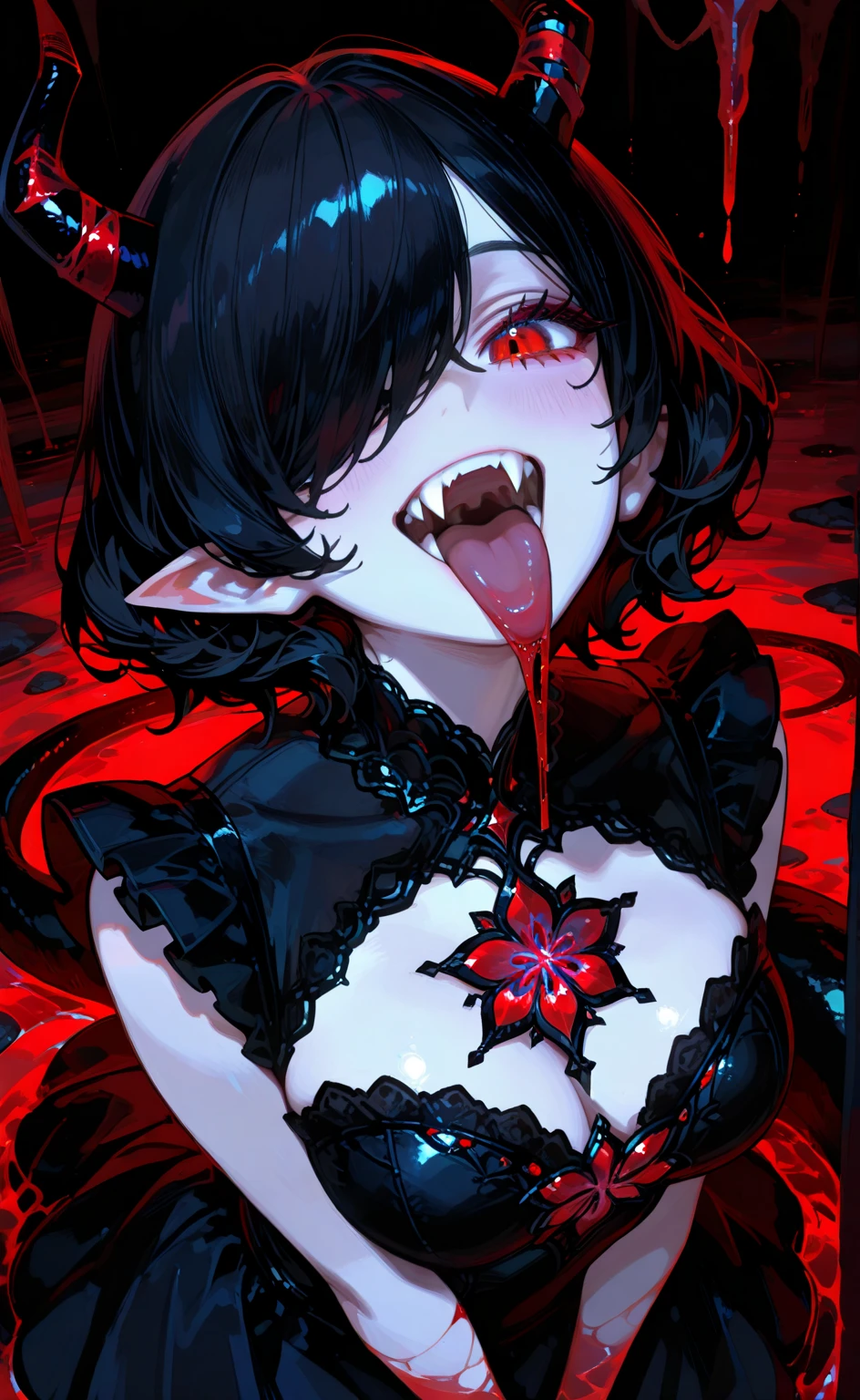 Vampire with short black hair, red eyes and blood in her mouth, she is showing boobs and nipples*no clothes on top*, with drops of blood and on a bed on all fours with his tongue hanging out 