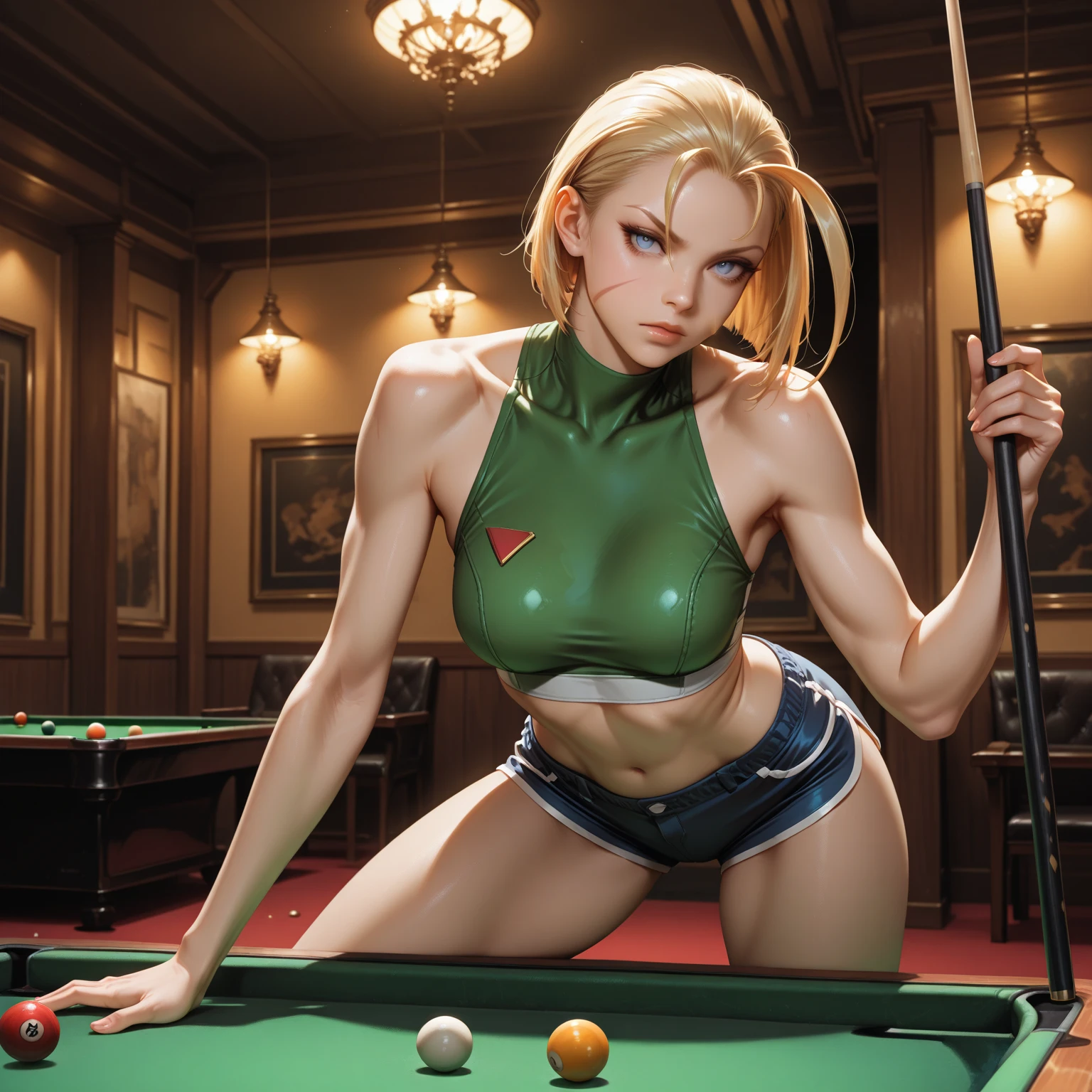 score_9, score_8, score_7_up, Female cyborg playing billiards in full view of horny butches, she bends over sexily to drive the ball into the hole. The lighting is dimmed and diffused by cigar smoke. The air smells of alcohol and masculinity. All the men around her greedily undress her with their eyes and literally want to fuck her, right there on the table, in a perverse way