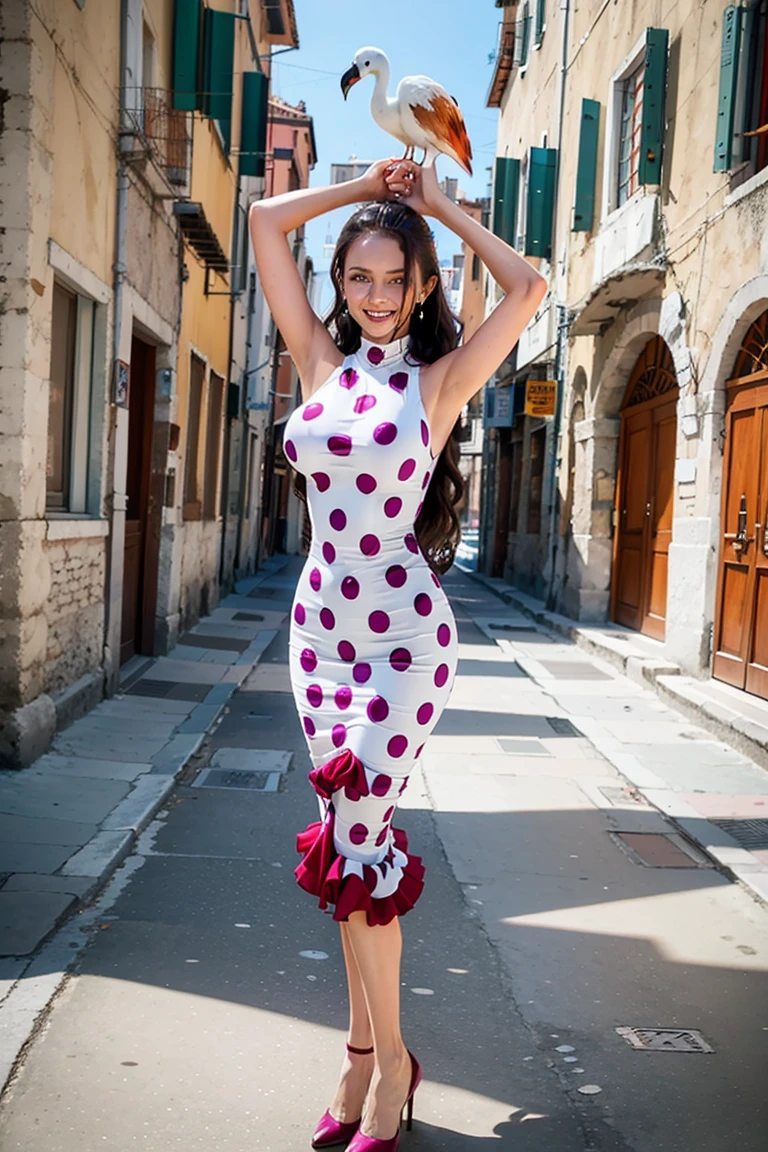 (medium full shot) of (lively rumba dancer) young woman, persian, tan skin, light brown eyes, Medium build, extra long brown french braid hair, wearing a white ruffled rumba dress, dance heels, bold red lipstick, floral headpiece, set in  a lively street fair, with vendors selling goods, people dancing, and colorful banners, woman smiling, Masterpiece,best quality, photo, realistic, very aesthetic, detailed face,