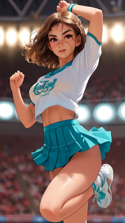 cheerleader team dancing passionately in the rain at an outdoor sports arena, holding pom-poms, dynamic dance moves, strong sense of unity with teammates, wet and sexy outfit, splashing water droplets,(best quality,4k,8k,highres,masterpiece:1.2),ultra-detailed,(ultra-realistic,photo-realistic:1.37),highly detailed, dynamic dance scene, dramatic lighting, cinematic, vibrant colors, rain effects,rainy landscape,sports,female athlete,dance performance
