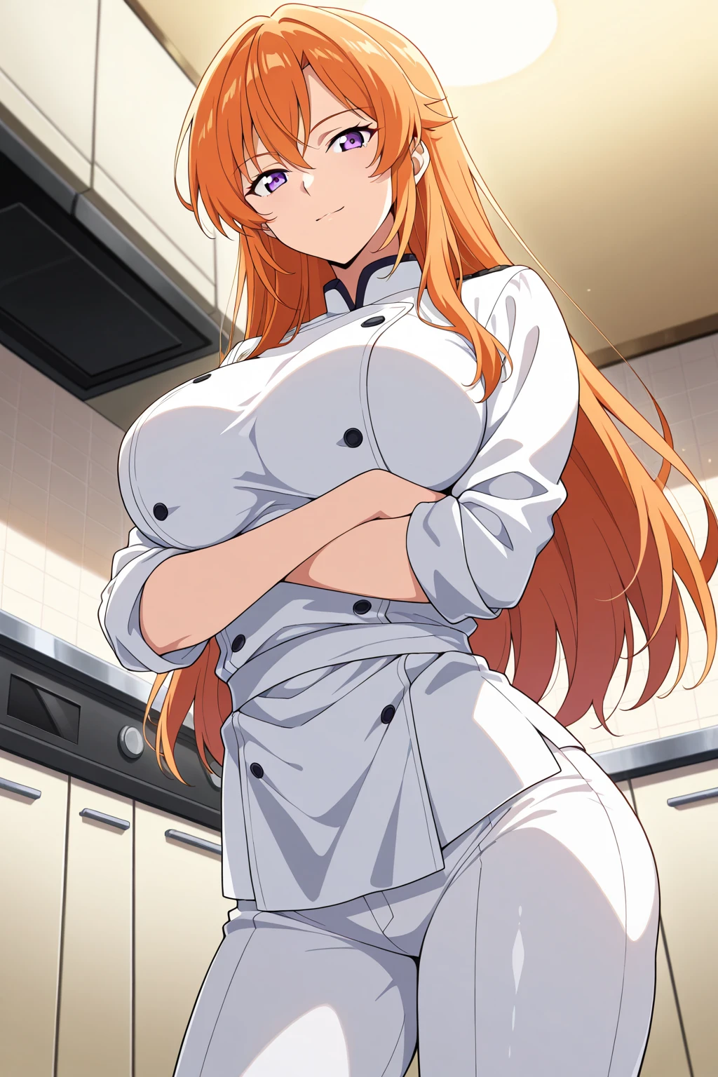 girl with long orange hair , wearing hair clips huge gigantic breast huge pelvis thick thighs milf physique),(girl blush nose blush crying sad expression),((wearing white tight apron))