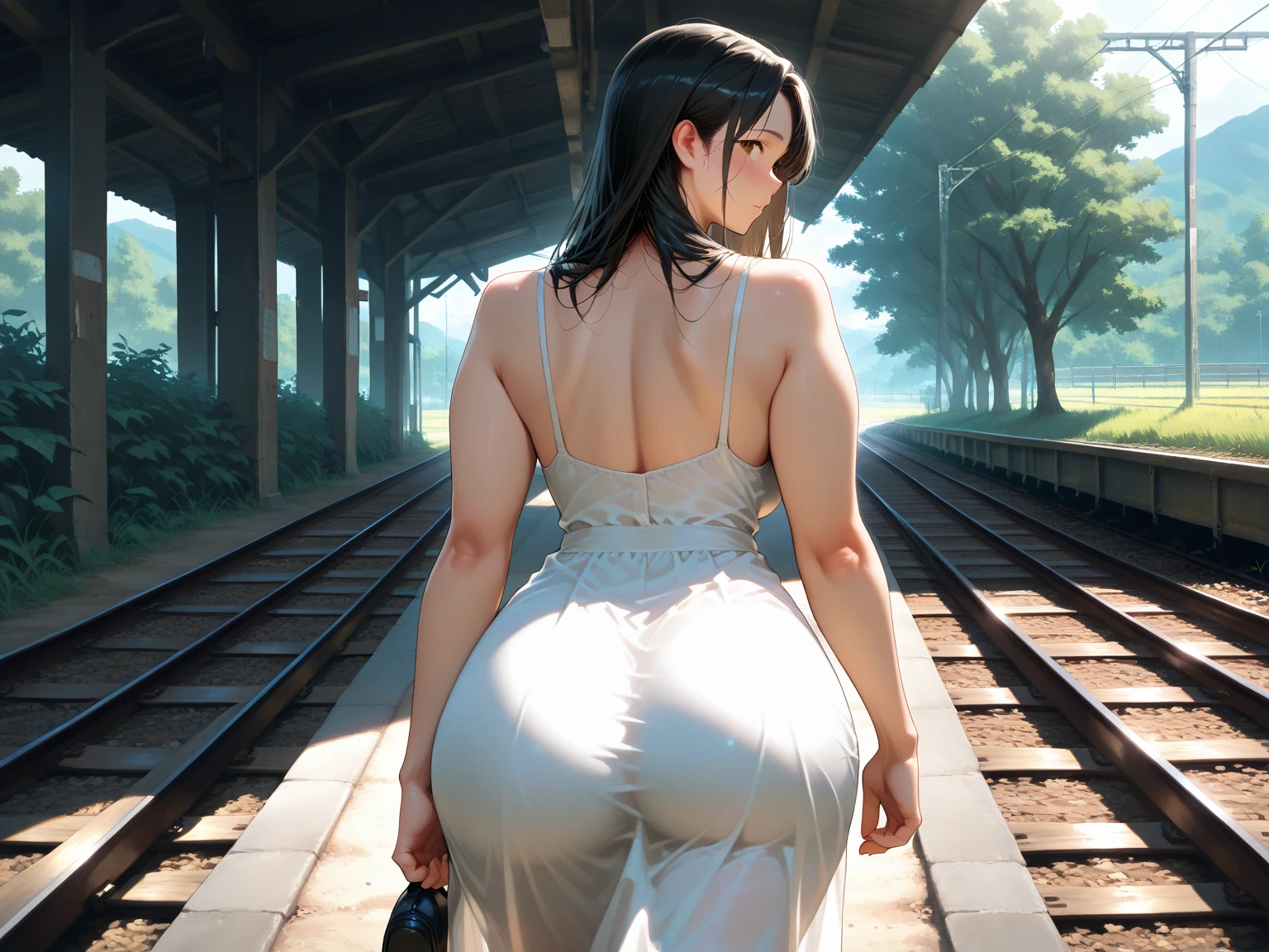 In this top-quality, 8K masterpiece photograph, the focus is heightened at 1.2, showcasing the perfect body beauty at 1.4 and accentuating the exquisite buttocks at 1.2. The subject's hair is styled in a layered haircut, perfectly complementing their voluptuous breasts at 1.2. The alluring figure is adorned in wet clothes at 1.1, adding an extra touch of allure and sensuality. The scene is set in the rain on a bustling street at 1.3, creating a captivating atmosphere. The subject is dressed in a stunning bandeau dress at 1.1, further enhancing their beauty. Every minute detail is meticulously captured, from the highly detailed face and skin
