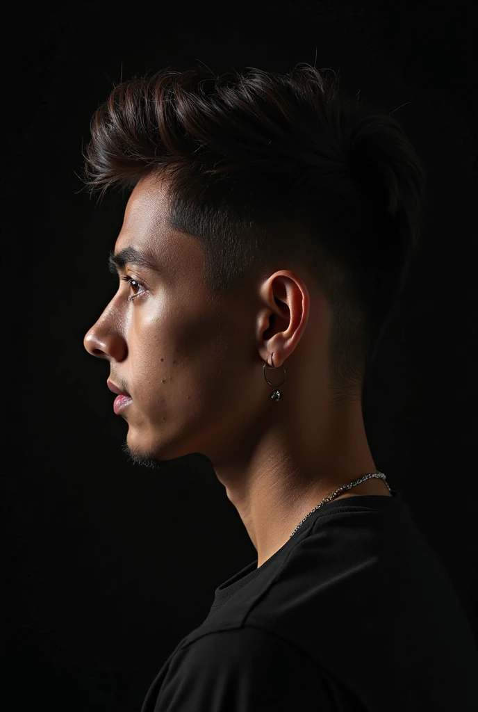 Muscular guy with messy black hair and star piercings in his ears 