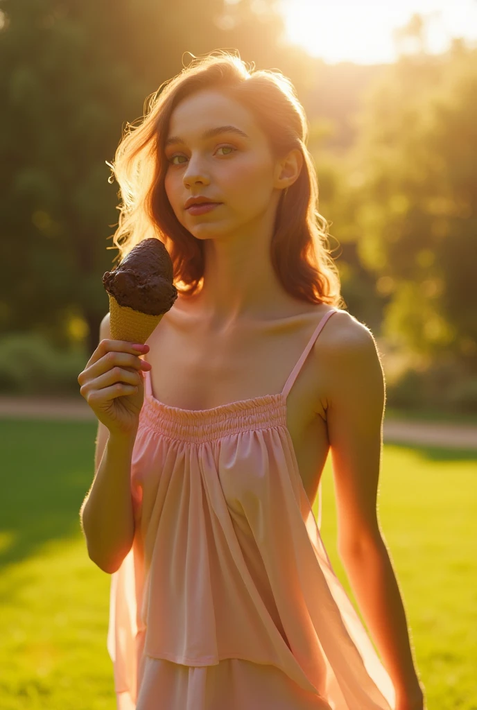 raw, photo, source_real, source_movie, 8k, uhd, photograph, masterpiece, highres, high_quality, detailed, dutch angle, medium view, detailed skin, realistic skin texture, detailed face, BREAK, (1girl), 22year old pretty female, ((cute female face), (freckles:0.8), ((hime bob haircut)), (light brown hair with highlights), head_tilt, light eyes, detailed eyes, looking at viewer, (makeup:0.6), , outside in bright sunlight, forest background, (sitting on a tree stump), , (elegant blouse, open shirt), see-through microskirt, thong, (pantyhose stockings), , (popsicle fellatio, simulated fellatio, suggestive, popsicle, detailed hands, detailed fingers, ((perfect hands with four fingers )), perfect fingernails, nail polish, toned legs, toned thighs, detailed, perky (medium-big breasts), tan skin, light abs, narrow waist , wide hips, ((Muscular calves)), thin necklace,