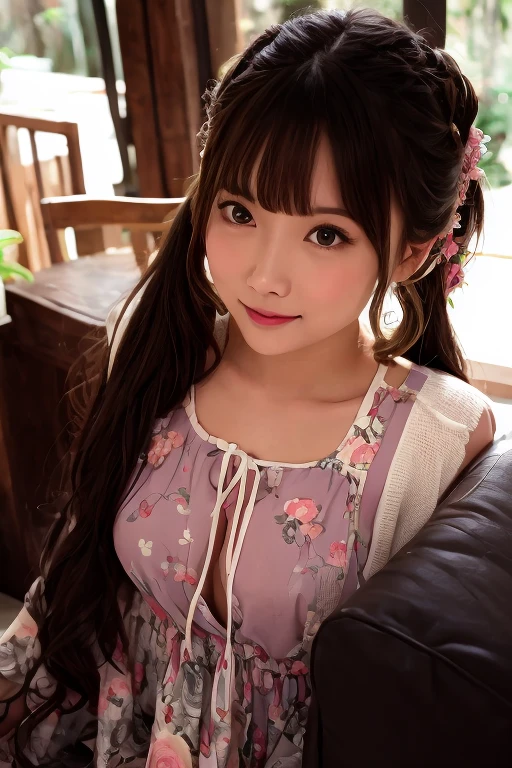 ((highest quality:1.2, 8k, Sharp focus, masterpiece: 1.2, Natural light, Highly detailed CG, beautiful girl:1.2, 　With a small face:1.1、walk、reality, Detailed facial textures, Realistic skin Pale skin, 　Beautiful Makeup, Octane Rendering, growing up, fine bangs)), (Written boundary depth),　( With a smile:1.2　), , Cowboy Shot,Brown long hair, ( 　Pink blouse and　small necklace、Large Bust　Cleavage　) 、Nice body line、　( Western style old gray brick wall　Cobblestone walkway、Gentle slope、A hill that continues into the distance、  Hydrangea　Wall and　Blooming along the aisles:1.2、Lots of flowers　)、A dark shadow in the passage、　Distant blurred background, 　Depth of written boundary:1.4、and wind,　 From the side、Averted gaze、Captivate what you see　beauty、