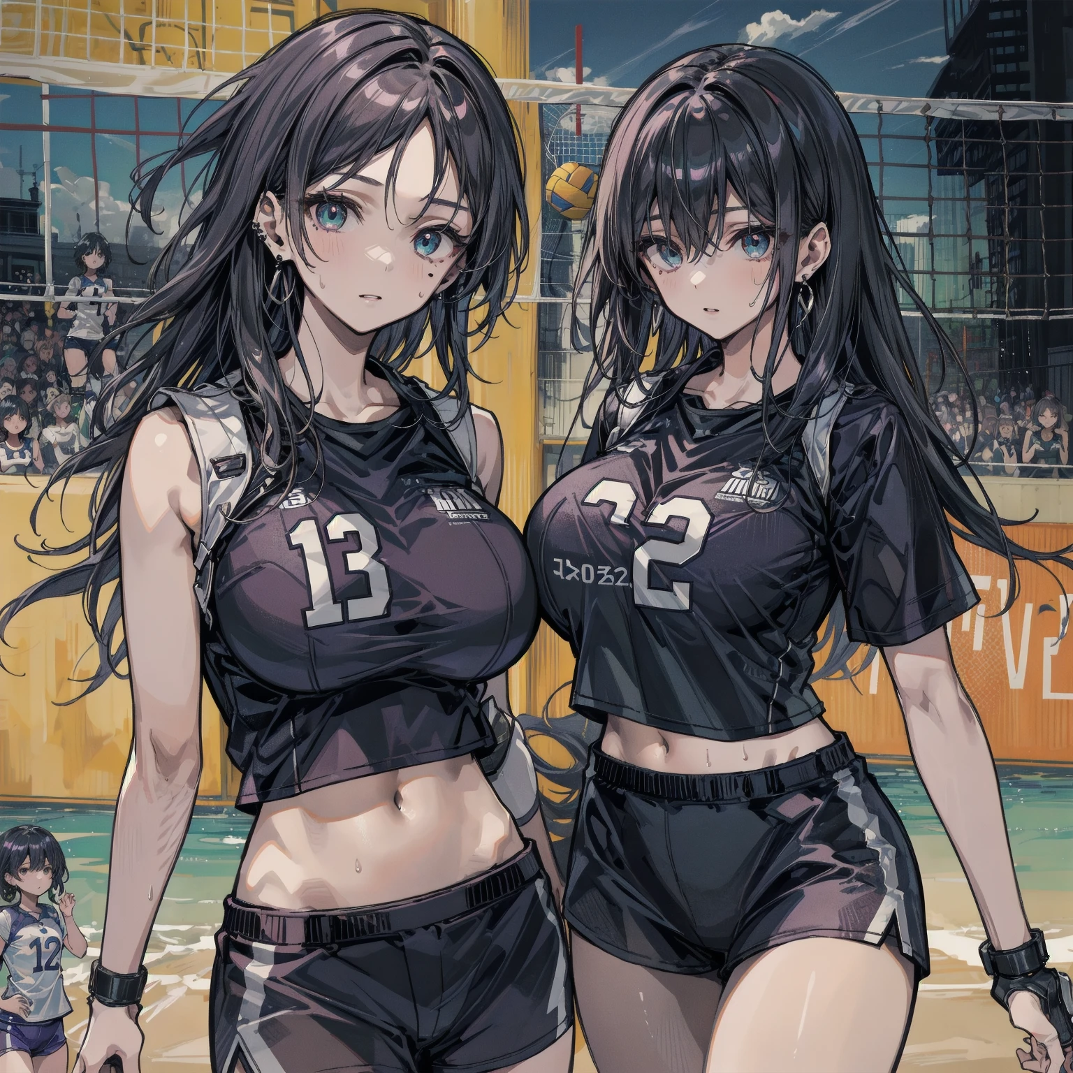 (Two Girls, Same height :1.2) ,Back view, Volleyball Uniforms, Couple Focus , (Cute Japanese Girl) , Very large breasts,(smile:0.7), Stand next to each other , Upper Body, Beach Volleyball,Recall, Realistic nipples, Realistic ass crack, Very Short Hair , (High color saturation:1.0), (Highly detailed skin), (Highest quality:1.2), (Ultra-high resolution:1.0) ,(Like the picture:1.0), (Ultra-detailed:1.0), (Realistic:1.2),(8K, RAW Photos:1.1)