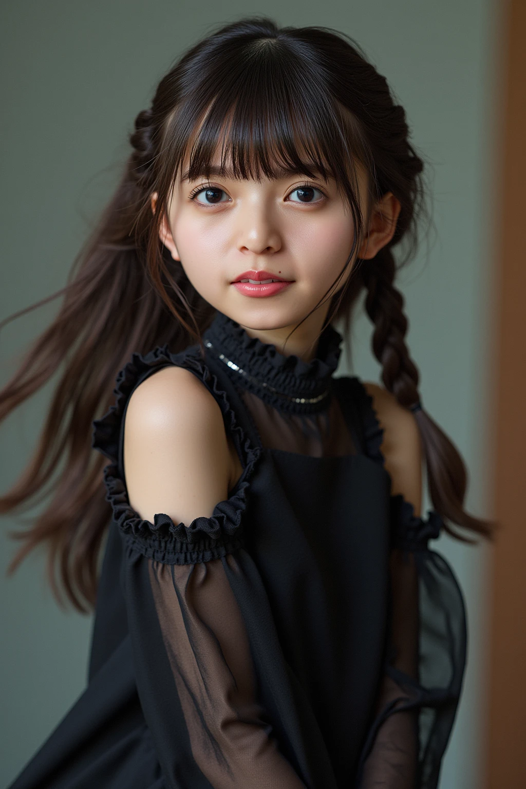 One Girl，(1人のとてもcute女の子:1.3)，masterpiece，Highest quality，High resolution，From below，Low - Angle，Photorealistic，RAW Photos，Ray Tracing，beautiful girl，(15 years old:1.3)，cute，Big eyes，(detailed pupils:1.2)，(The face is facing straight ahead:1.3)，Body facing forward，Beautiful nose，High nose，Upturned nose，Fuller lips，Short black hair，ponytail，short hair，Detailed eyelashes，Thin eyebrows，Very fine grain definition，(Symmetrical eyes:1.3)，(Face close-up，Face Focus:1.0)，Small breasts，Short neck，，Red and white brick building，Western-style building，poplar tree，Portrait，View Viewer，Upper Body，Cinema Lighting，High resolution，Very detailed