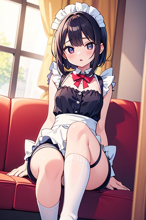 (NSFW:1.3),(masterpiece:1.2), (Highest quality),(Open your mouth)、front、 whole body, Beautiful Skin, Super fine, Highest resolution、(Black Hair:1.4)、(Short Hair:1.2)、blue eyes、(indoor)、Patsun Hair、(blush:1.1),(Realistic), 1 girl, Laugh with your mouth open、A scornful smile、(Pink Skirt:1.1)、(Hair Clip:1.1)、(Two Side Up:1.2)、(underwear姿:1.2)、choker、Long sleeve、Moe sleeves、(Clothing:1.3)、(White knee socks),(Cleavage:1.1)、(Super big breasts:1.2)、Budding breasts、Rocket 、Firm breasts、Heart symbol、Lolita、Brat、(Lolita:1.3)、Baby Face、Young face、Zaako、Brat系、underwear、(White bra:1.2)、(白いunderwear)、女性underwear、Large ??????、(Beautiful underboobs)、(View from below)、Spread your leg-shaped legs、Thin thighs、Thin legs、Panty shot
