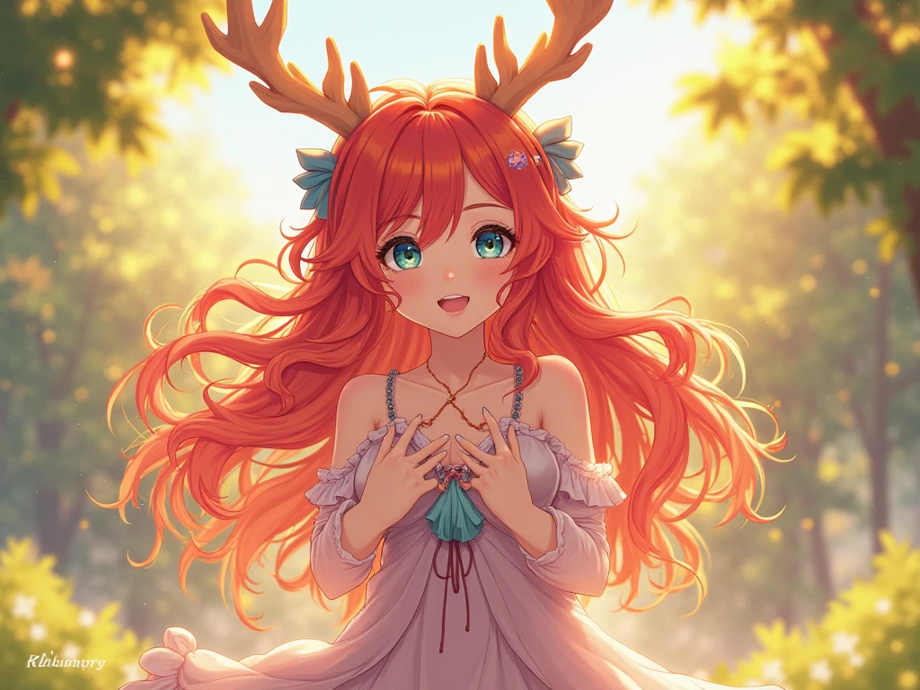best quality, beautiful, gorgeous, highly detailed, (detailed face:1.4), mature, 8k high res, extremely detailed eyes, masterpiece, 1girl, <lora:enchantressDota2_v01:0.8>, enchantress, (deer centaur:1.2), sharp facial features, smile, wet clothes, (white t-shirt:1.4), arms up, forest in the background, (dark clouds:1.4),