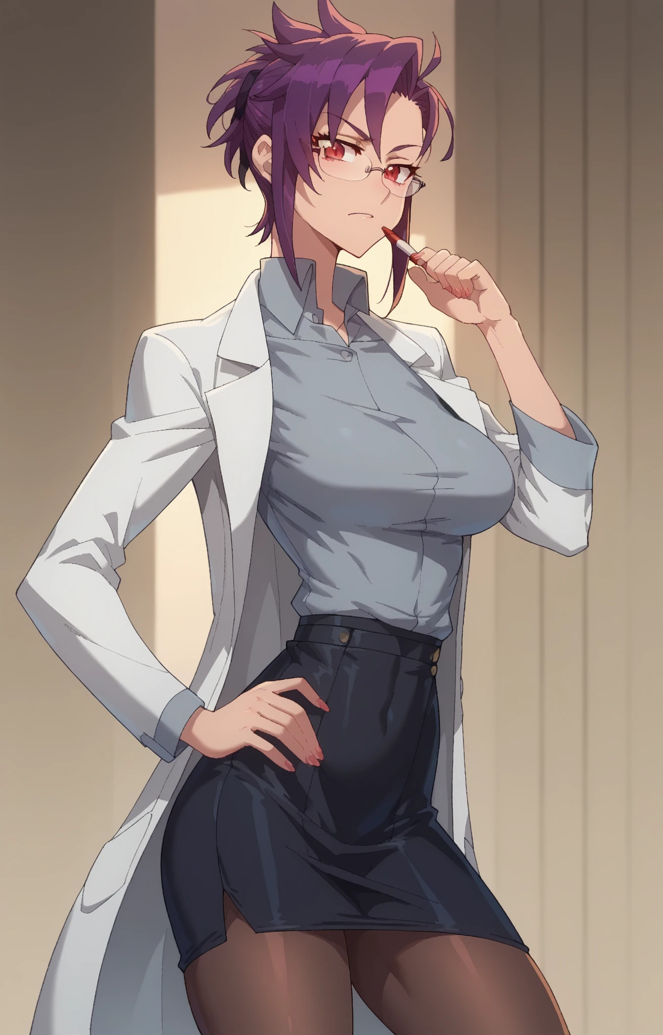 Nishikino maki, Purple eyes, slightly big breasts, bangs,white shirt, short black shorts, dark brown pantyhose, necktie, opened lab coat, slightly smile, standing, dark room lightened by candlelight