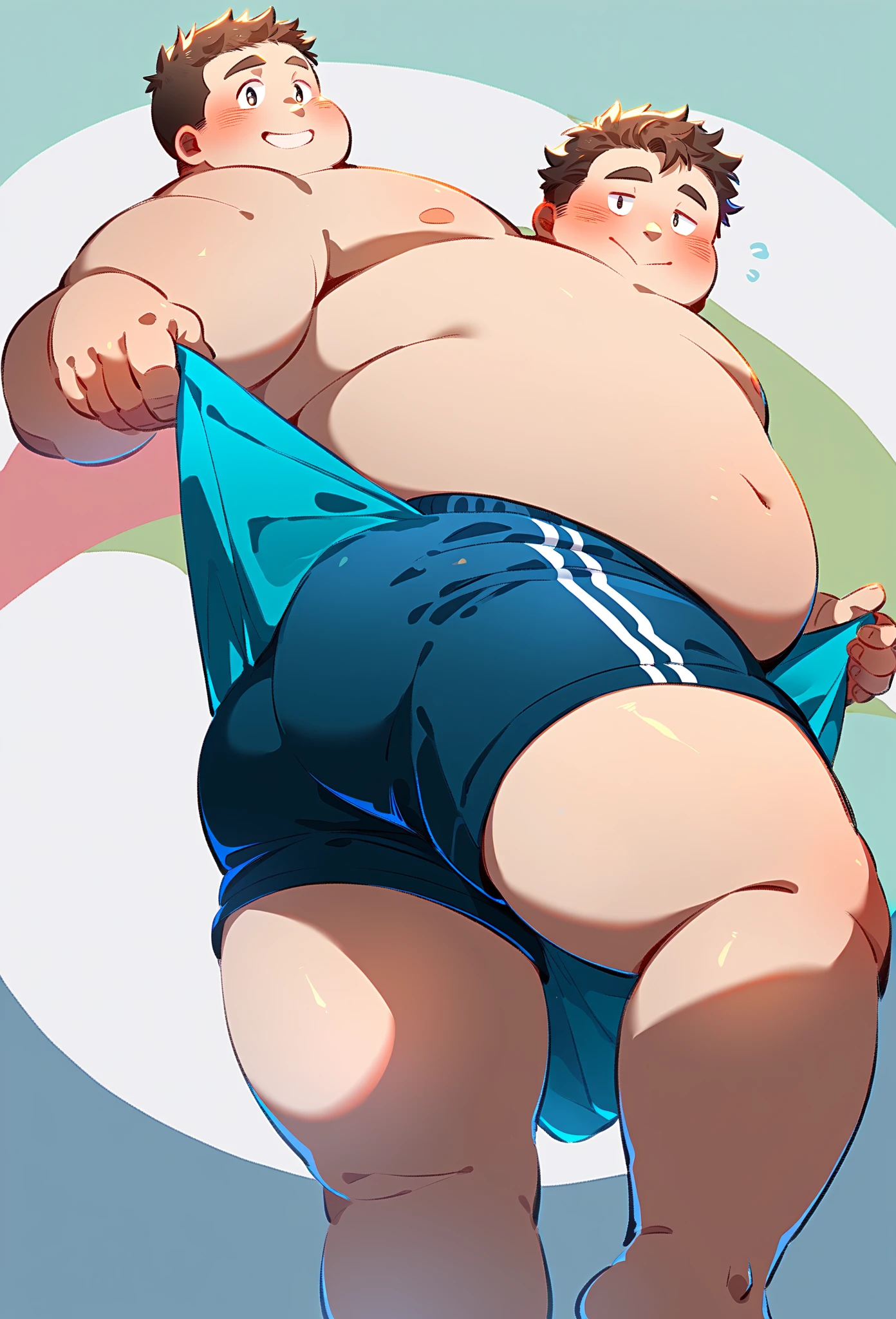 1 young chubby teen boy, blonde, ahegao face,with a small, tight swim trunks, bulge of penis marked in the groin, on the beach