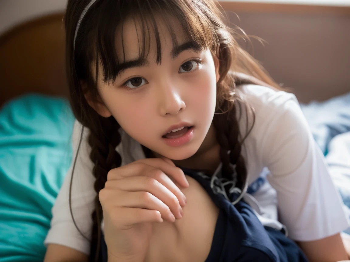 ((highest quality, masterpiece :1.3)), Photorealistic、Ultra-high resolution、Natural skin texture、Hyperrealism、Photograph from the knee up、11 year old Japanese girl、Twin tail hair、Large breasts、White collared shirt and tie、Ultra mini skirt、Angry expression、Lying in bed
