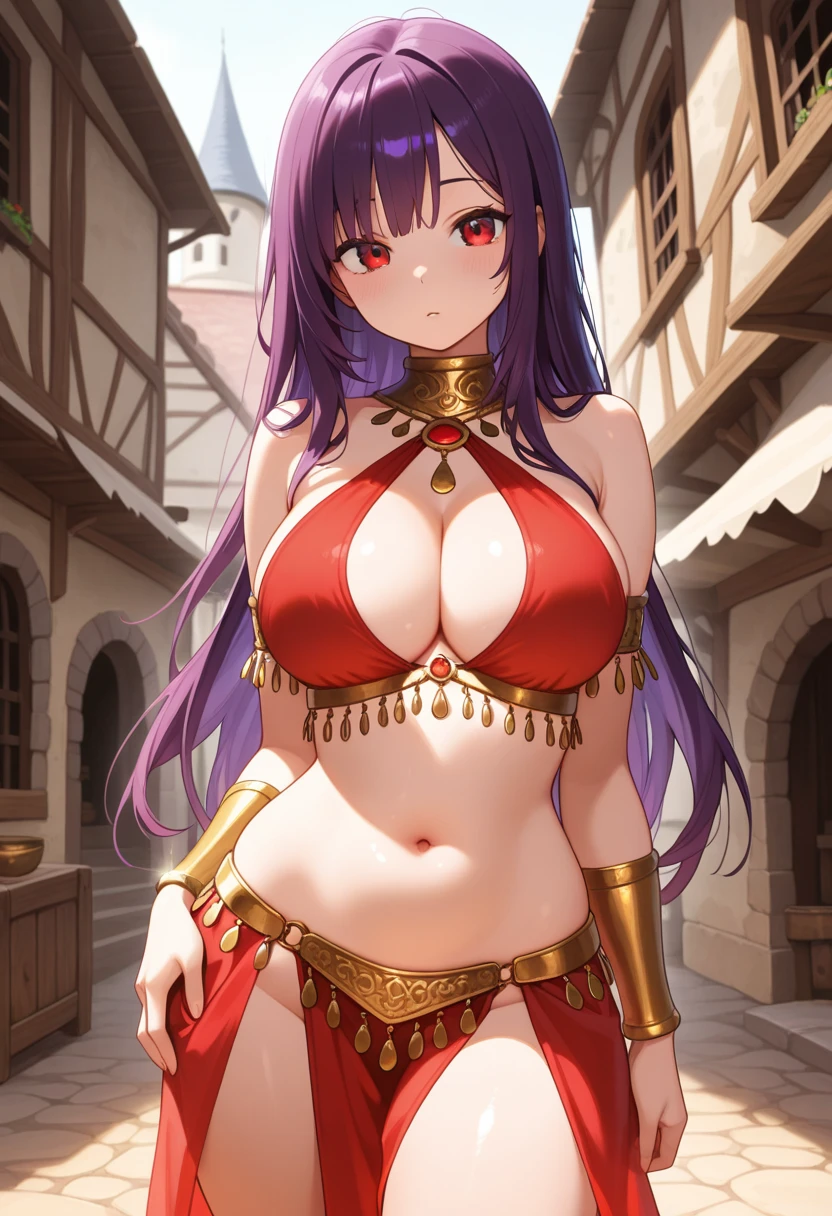 high quality, ultra detailed, best quality, insanely detailed, beautiful, masterpiece, 1girl, medieval plaza, cowboy shot, red eyes, long hair, purple hair, belly dancer, circlet, earrings, armlets, bracelets, bashful smile, large breasts, cleavage, soft stomach