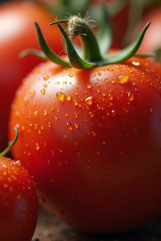 a close-up shot of a ripe tomato, showcasing its vibrant red color, glossy skin, and the tiny droplets of water on its surface