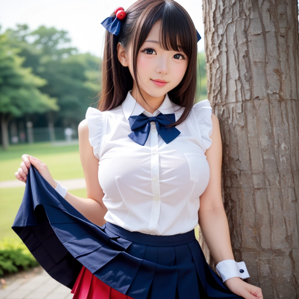 (masterpiece:1.3), (8K、photorealistic, Raw photo, best quality:1.2), (solo), (1 girl), (so beautiful:1.3), ((very beautiful 18 year old japanese girl)), (Symmetrical perfect face), (beautiful brown hair, bangs), hair is messy, (intense black eyes, strong eye highlights, realistic eyes, beautiful eyelashes), (wonderful smile, cheeks are red), (Accurate and natural normal size breasts), perfect anatomy, (high detail skin: 1.2), Photorealistic anime girl rendering, Realistic anime 3d style, dynamic angle, perfect body, (sailor suit), ((white short-sleeved shirt with a navy collar, girls high school uniform, Plain pleated skirt in dark blue, navy blue bow tie, white knee socks, black leather shoes)), (Luxury white silk bra and panties), accurate arm, five fingers, accurate legs, refreshing morning, (Beautiful Landscape Background), (Outdoor stairs in plateau tourist destination), Angle looking up from the bottom of the stairs, Very embarrassed, panic smile, turn around, leaning forward, ((The wind flipped my skirt and exposed my butt...................., think back, silk lace panties, shiny thighs)), volume lighting, soft light, bright, neon, Bright colors
