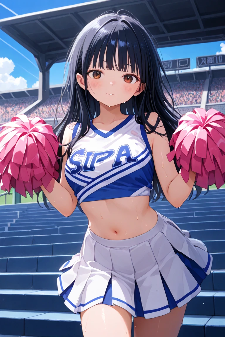 1 woman, skirts, (show off g-string detailed pantie), (hands skirt lift), from front, cowboy shot, BREAK annoyed,shoot from below,Cheerleader,baseball Ground