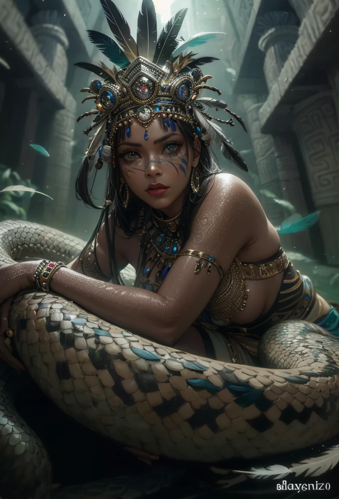 I want a warrior woman with lots of tattoos, with a cobra snake around her neck. Close-up, realistic. black background. --auto