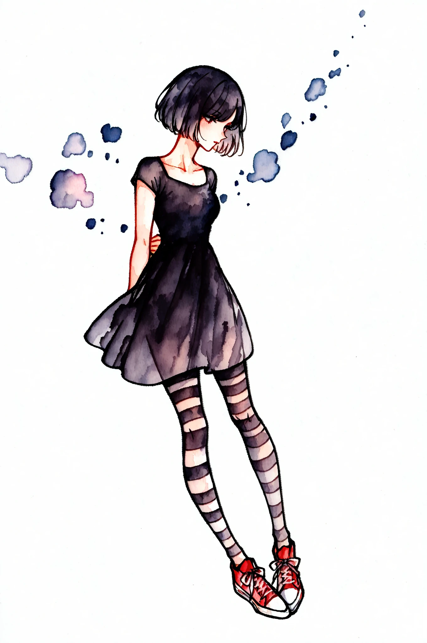 traditional media, transparent-watercolor, watercolor \(medium\), ,,mavisas,black hair, short hair,black dress, sneakers, striped pantyhose,