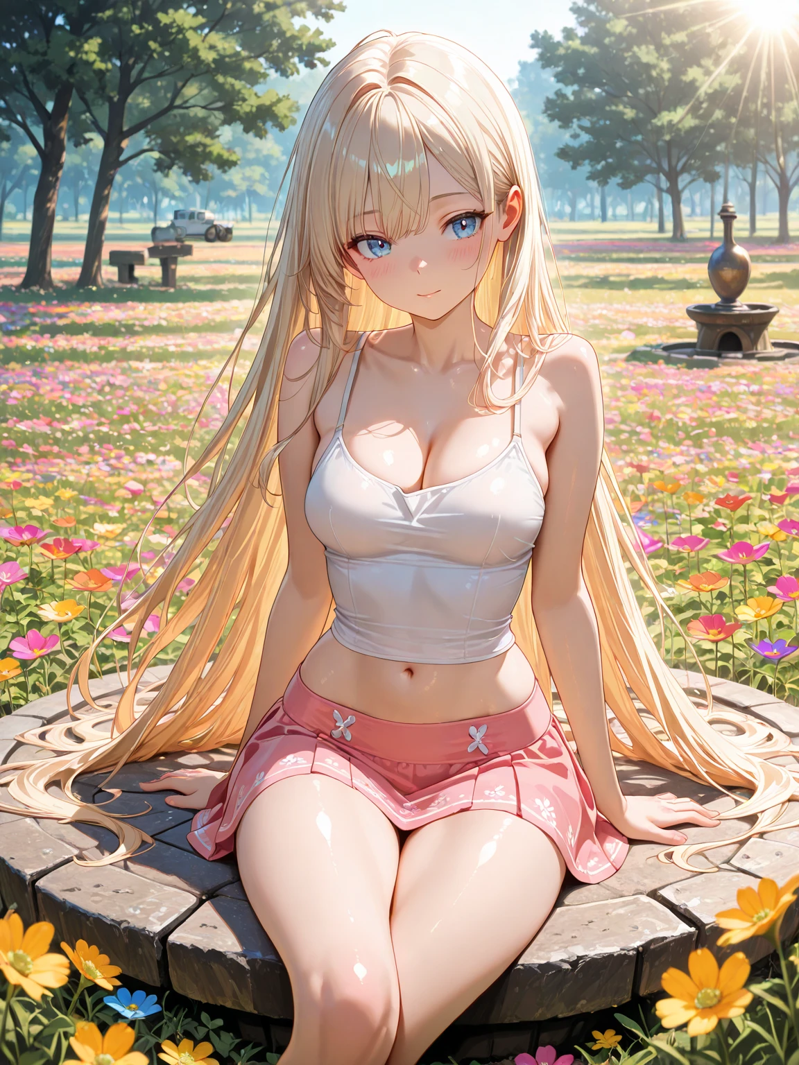 (masterpiece, best quality:1.4), (8K), Young blonde beauty, slender (((18 years old, neat girl))), detailed blue eyes, long eyelashes, blush, kind smile, topless small breats, small ass, very thin legs, pink skirt (from side) (looking at viewer), beautiful blonde hair, white-skinned, long hair, bangs, (small breasts), (mushroom forest, celestial forest, beautiful and magnificent sunshine, majestic sky, vivid colors), colorful natural light)