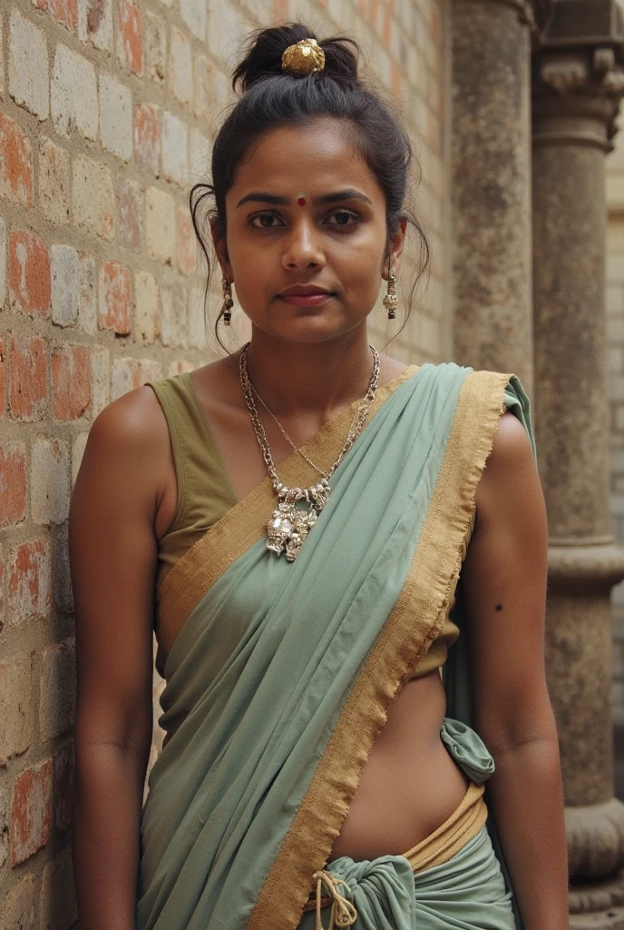 A hindu devi yakshini, a hot body, big breast, thick thighs, wearing saree with blouse and bikini, golden jewelry, doing poses standing, in bedroom, and with horny face.