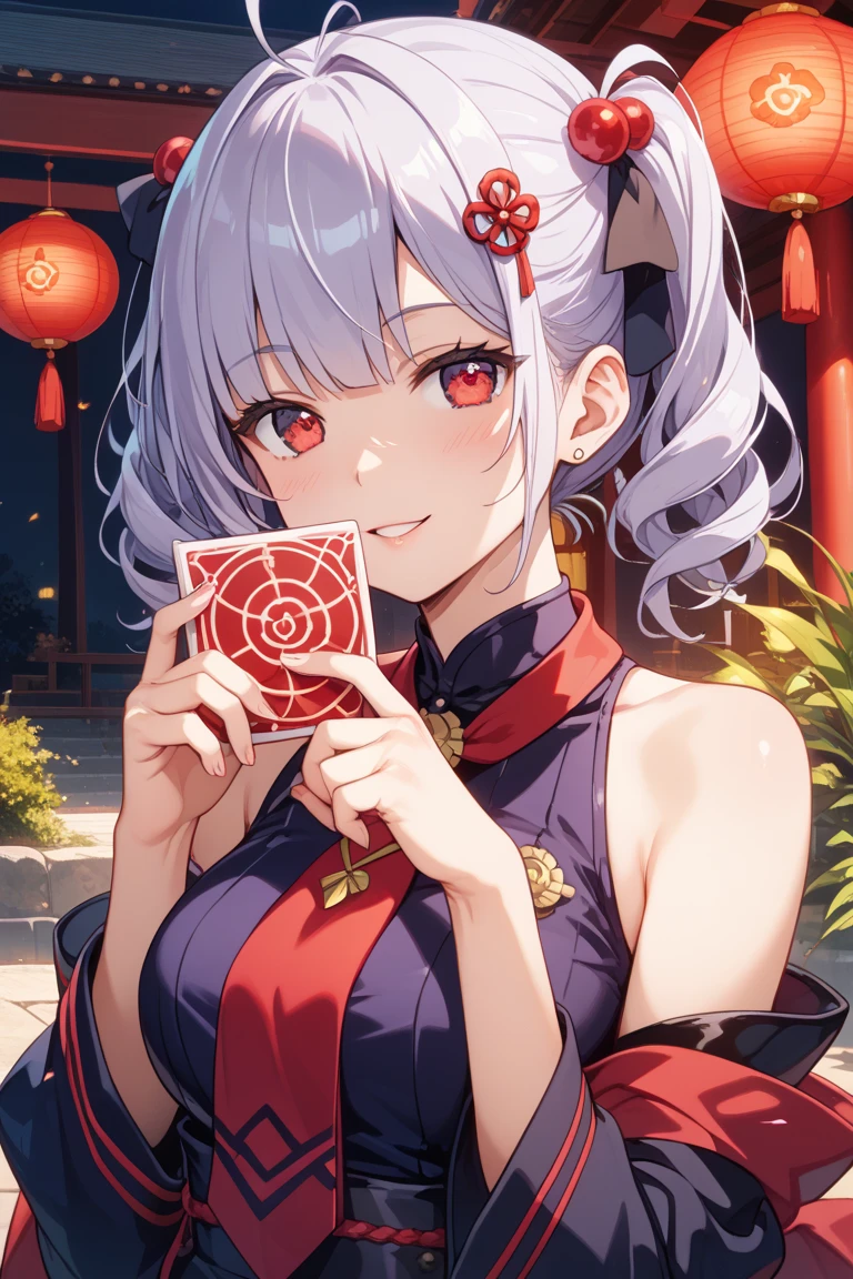 (Masterpiece), (Top Quality Anime Illustration), (Super Definition), One Girl, Solo, Beautiful Girl with Silver Hair, Anime Loli, Cat Ear Loli, Pale Red See-Through Cheongsam, Short Cheongsam, Sleeveless, Smile, Cleavage Emphasis, Lower Breast Emphasis, Thighs, Tarot Card Style, Power
