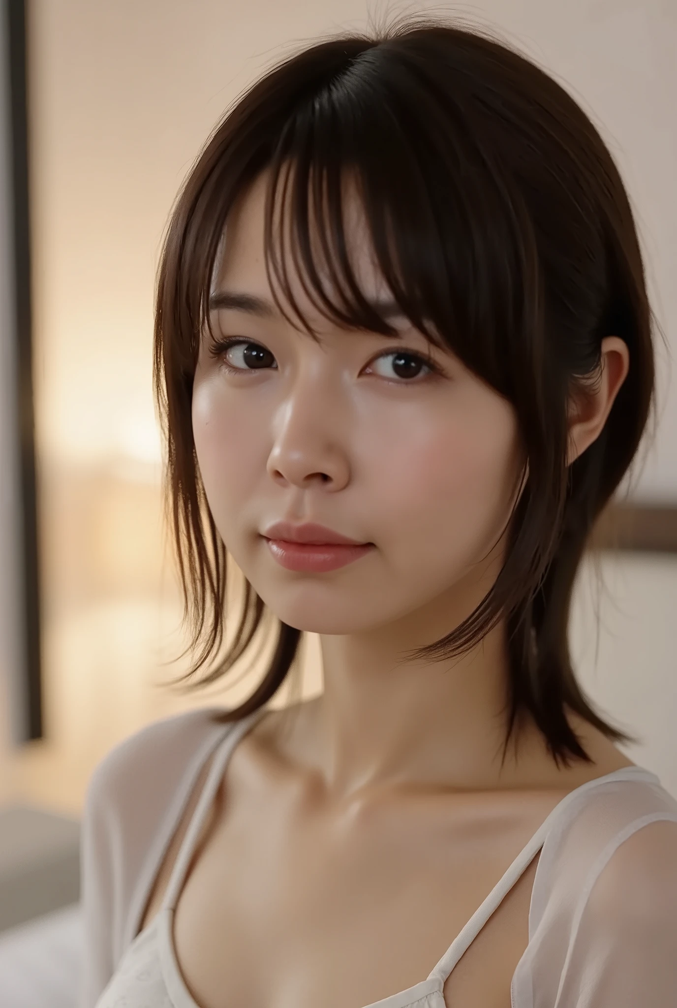 (( premium quality,  8k )), ((masterpiece)), ( details),     Japanese girl,   first-person view   ,1 woman, Petite Woman ,   sexy,(  in the bedroom),(((    very large breasts ,    Naked,  beautiful breasts, short bob hair , black hair))),  dark haired  , ((  Without any accessories,     dark haired,  no makeup,  narrow eyes))