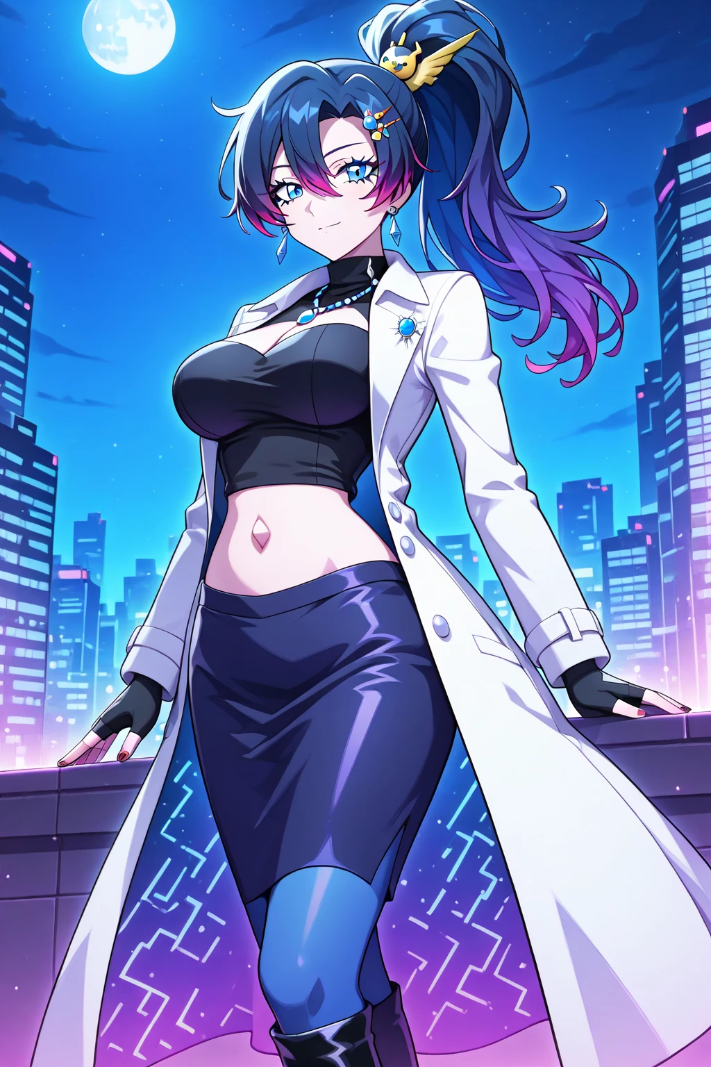 20 year, young woman, wearing sexy cyberpunk clothes, a purple and white overcoat, sleeves rolled up to the elbow. black hair tied in a ponytail, purples eyes, Red lipstick. skin tanned, bust size d. determined expression.  