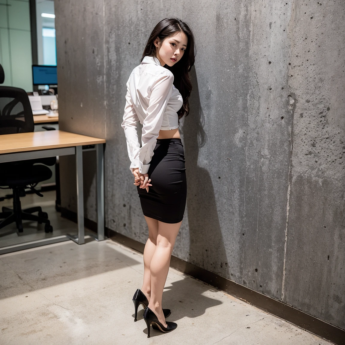 1girl, high quality, high resolution, 4k, 22 year old beautiful asian girl, very slim, tall. black hair, off shoulder, sexy secretary clothes, short skirt, stockings, shirt, high heels, lips, realistic, nose, flirting with camera, bending on office desk, nice ass, looking seductively at viewer