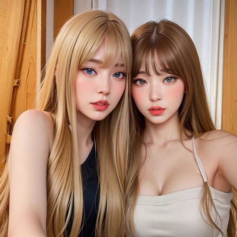 2girl, (Blue Eyes), (twins), (smiling), (Sana Minatozaki), (with his twin sister :1.4), (hugging, squeezing their breasts :1.3), (wide hips), (Big :1.2), big ass, (Best Quality, 8k, Masterpiece: 1.3), Clear Focus: 1.2, Perfect Body Beauty: 1.4, Highly detailed face and skin texture, detailed eyes, double eyelids, (blonde long hair :1.2), (black cleavage t-shirt :1.3), (jeans), in a square with flowers