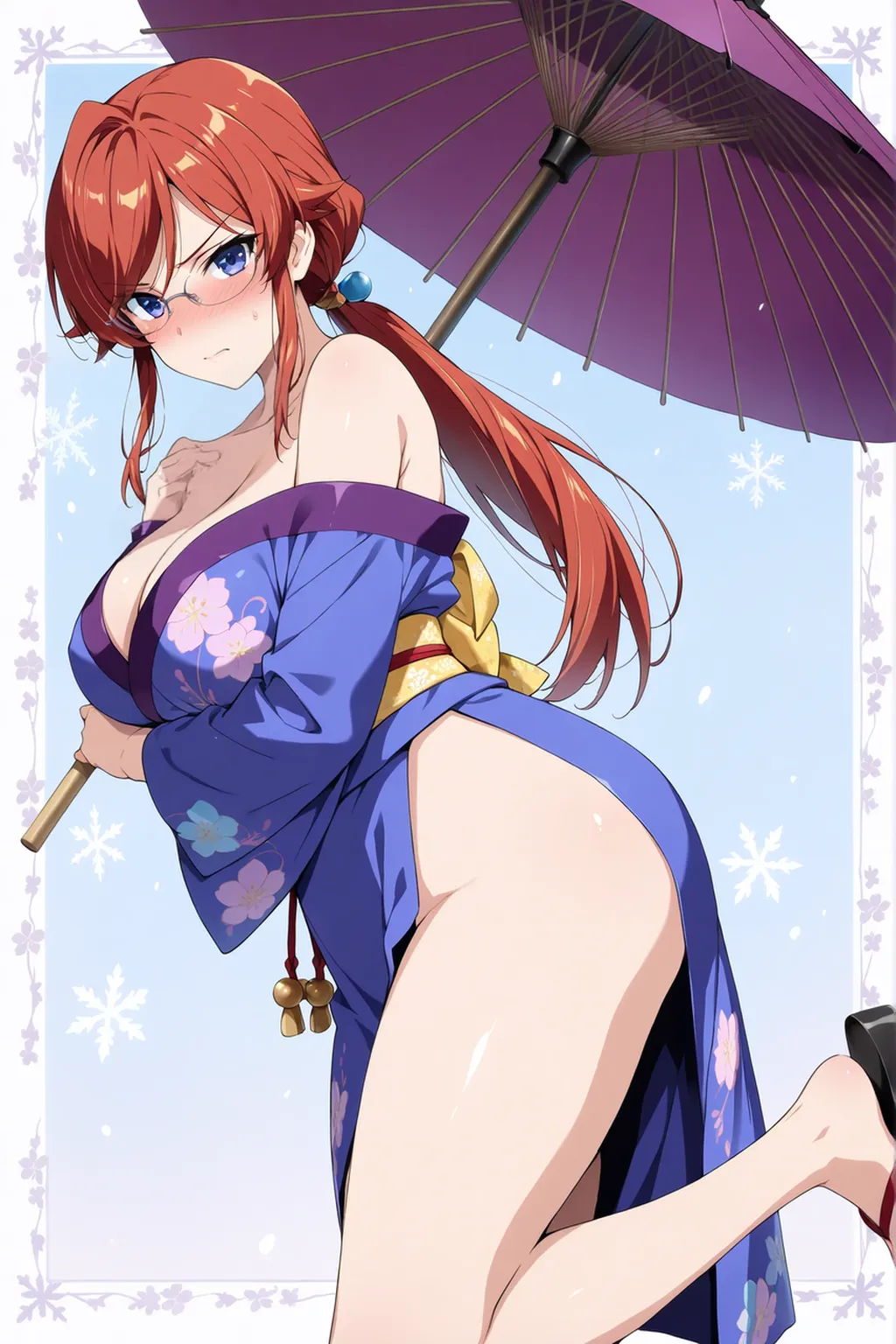 Maki nishikino,love live style, red hair, purple eyes, leaning forward, shiranui mai kimono, exposed thighs, cleavage, sleeveless,one hand on hip, sexy 