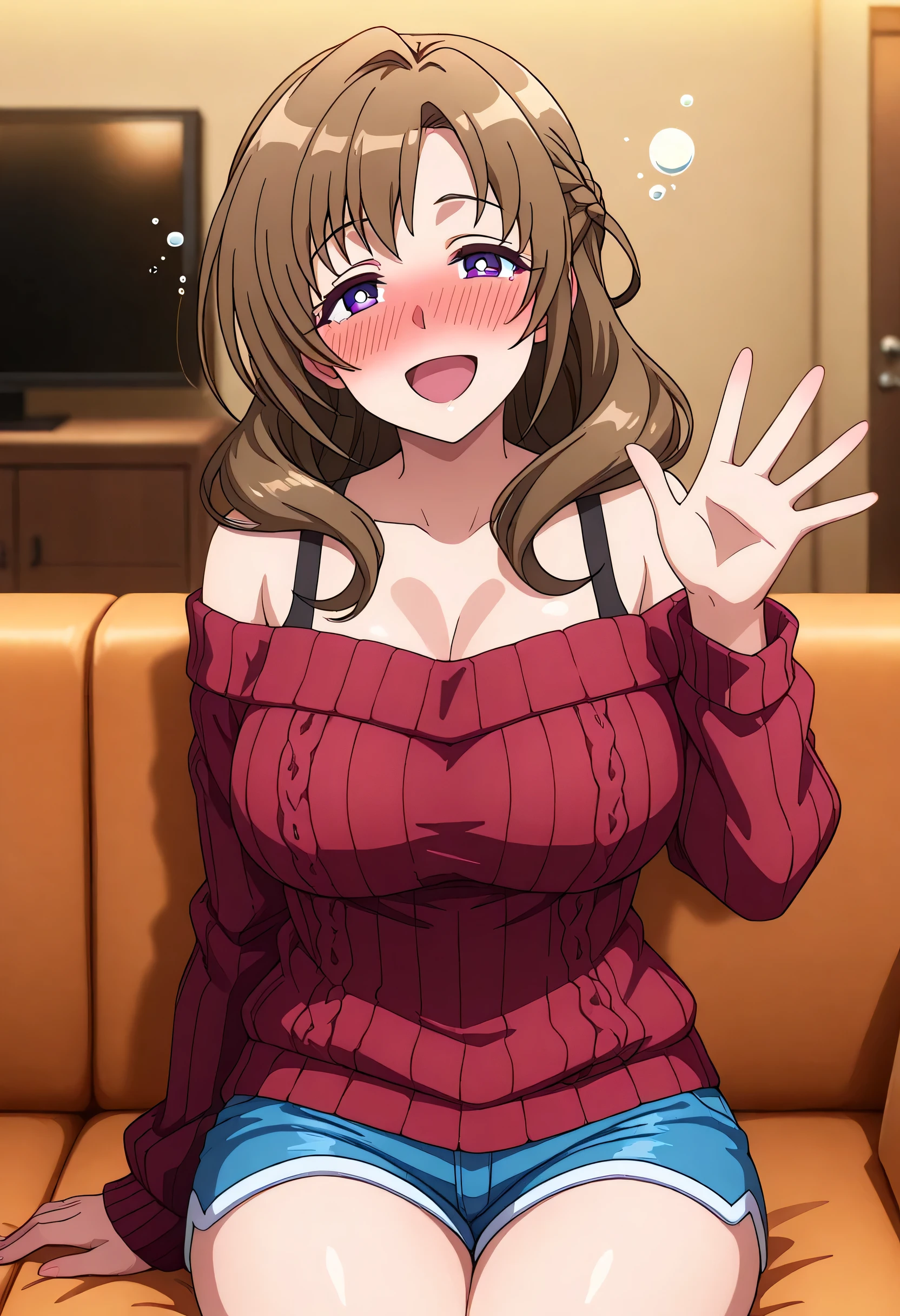 Mamako Oosuki, 1girl, 40 years old, mature female, living room, sit on couch, looking at viewer, waving hand, bright pupils, white pupils, purple eyes, large breasts, brown hair, smile, open mouth, ((drunk)), (((blush))), bare shoulder sweater, short shorts pants