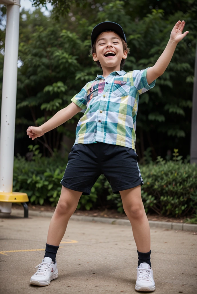 Smart 10-year-old boy, shaved head, jumping for joy.