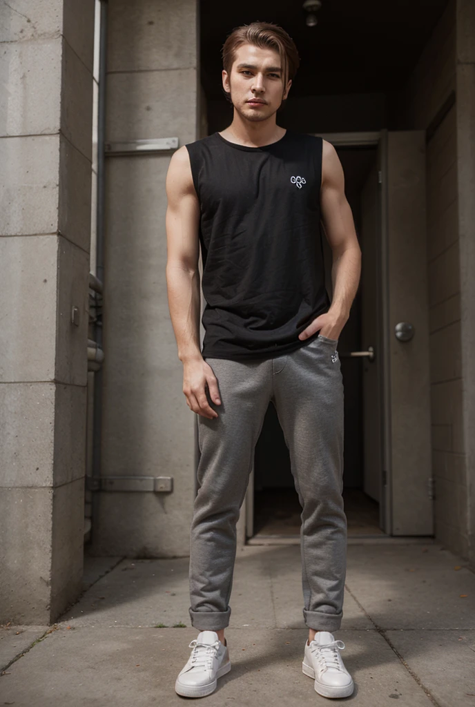 A man of age 27 height of 6 inches, wearing a black shirt and grey pants paired with black shoes, and sunglasses with his shirt fitting perfectly to his 6 pack body.