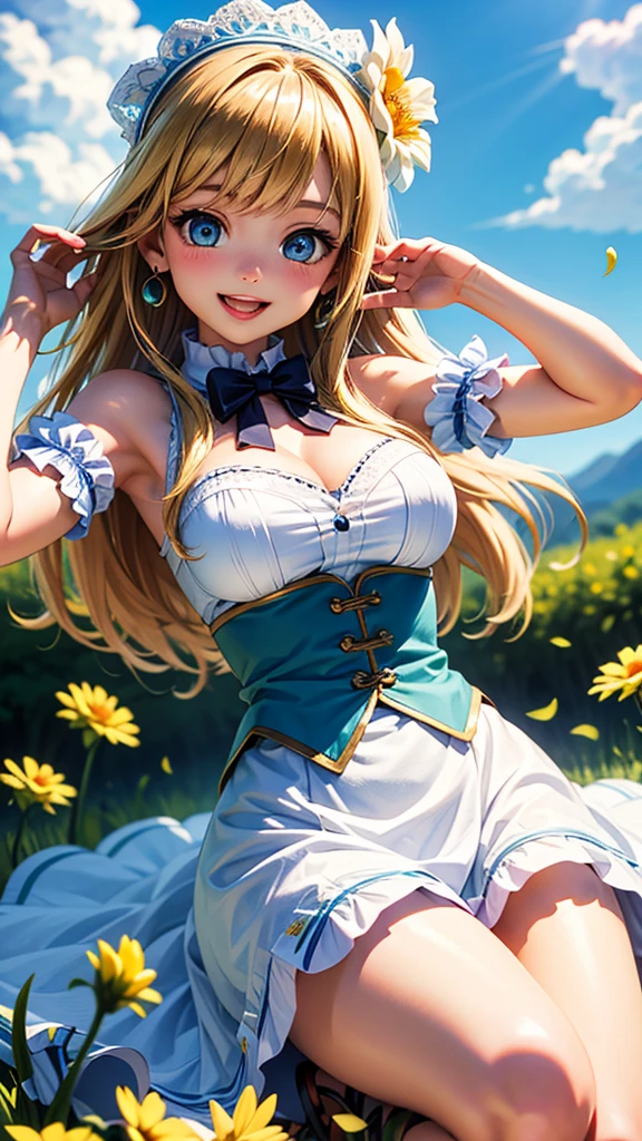 (masterpiece:1.2), (highest quality:1.2),, Curvy but slender body, perfect eyes, perfect face, perfect lighting, 1 girl, in the garden, (feet visible),(taking a walk),(suspenders),(cute gesture),(smile),(ponytail),curly hair, Fine clothes, Detailed outdoor background, compensate, eye shadow, thick eyelashes, fantasy, looking at the viewer, whole body,alice in wonderland、blue sky、Bright and very beautiful face、young shiny glossy white shiny skin、the best beauty、The most beautiful bright blonde hair in the world、thin hair、long hair、Shining beautiful bangs、Glowing crystal clear big blue eyes、Very beautiful lovely 17 year old most beautiful girl in the world、small breasts