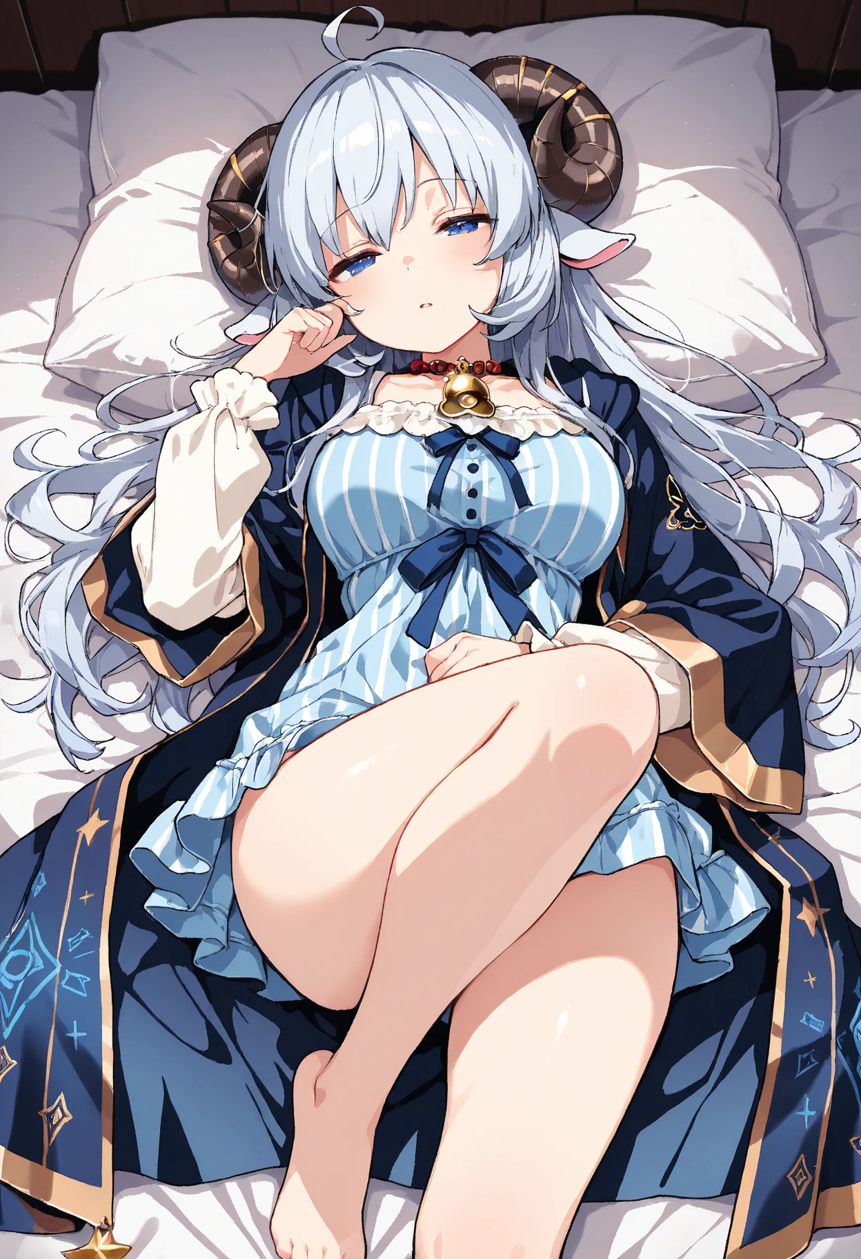 1girl, labrynth, silver hair, grey eyes, large breasts, full body, exposed thighs, exposed armpit, horns, cleavage, white dress, Ornate, eye details, laughing, night, moon, ivory, exquisite, chandelier, smug, hand over mouth,
white interior, (crossed legs style in detailed) ,sitting