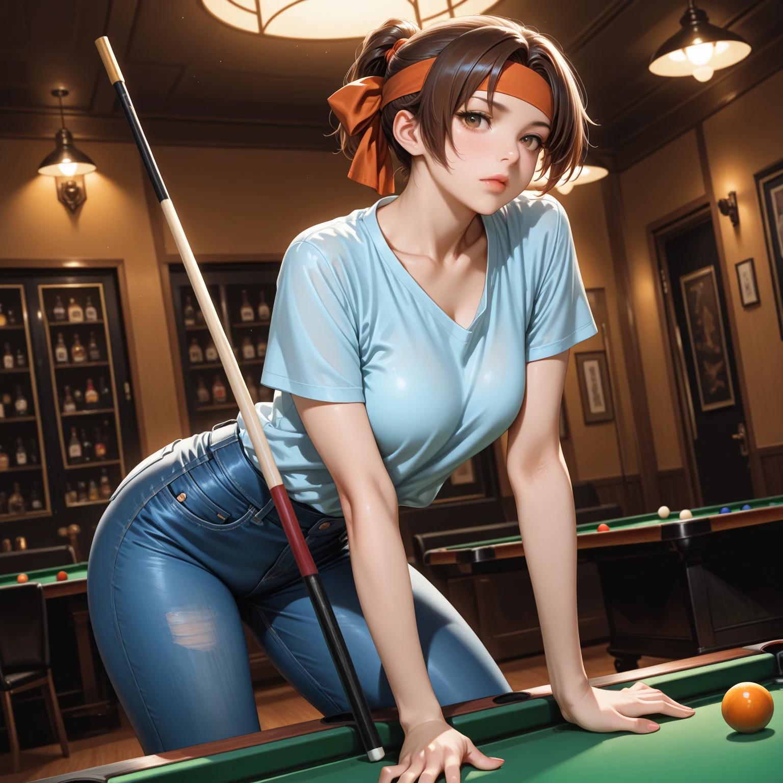 score_9, score_8, score_7_up, A sexy female cyborg playing billiards, bending over seductively to sink the ball, as horny butches watch hungrily, dimly lit by diffused cigar smoke, the air thick with alcohol and masculinity, the men undressing her with their eyes, desperately wanting to take her right there on the table in a perverse way