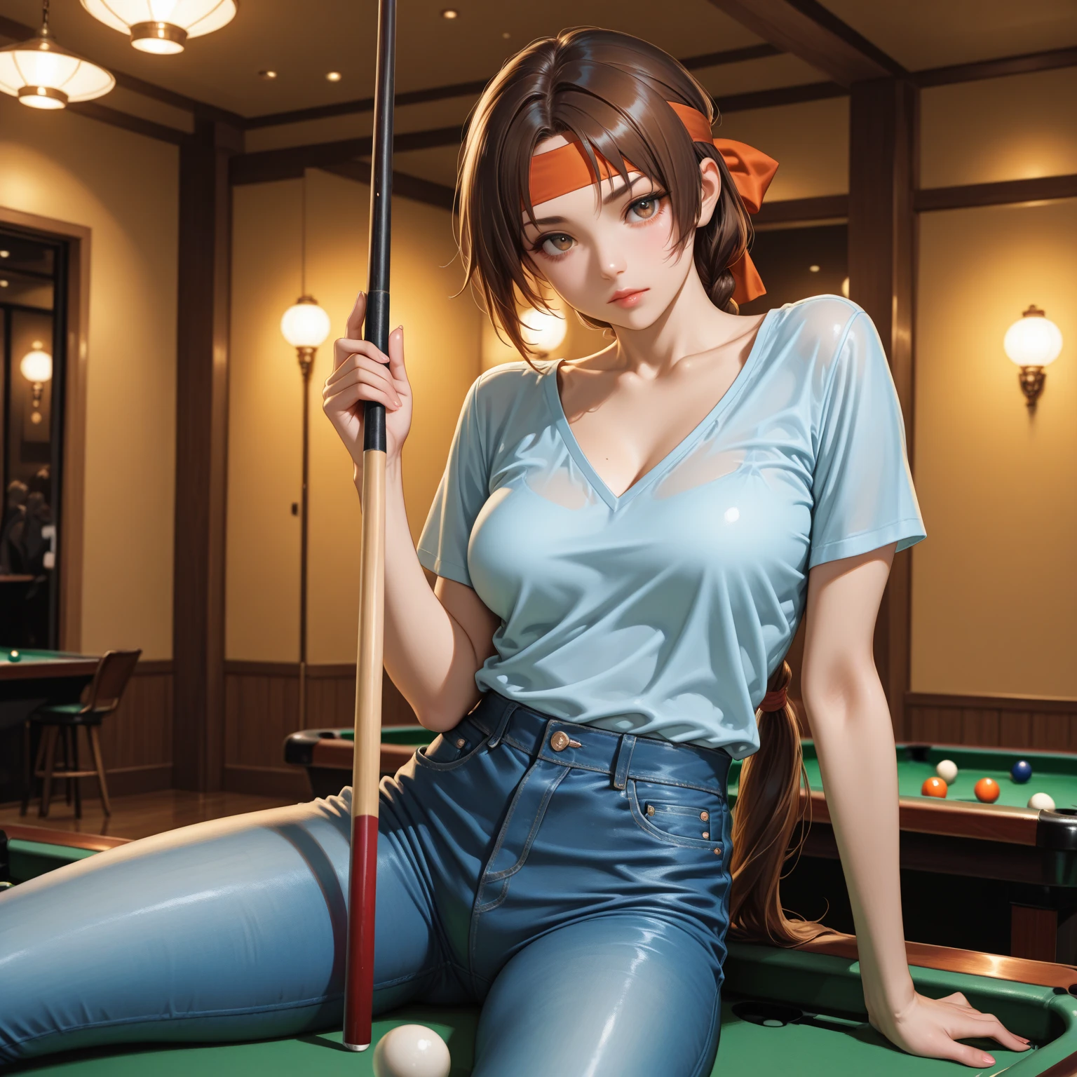 a very detailed beautiful girl, face with very fine features, large breasts, long ginger hair, messy,fluuffy,dressed in transparent lingerie of any vibrant color, topless, modeling on a pool table sitting very sensually inside a luxurious room