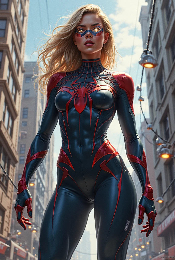 The actress Nata Lee as the female version of Spiderman, perfect curves, buttock, extremely smooth curves, underneath view angle