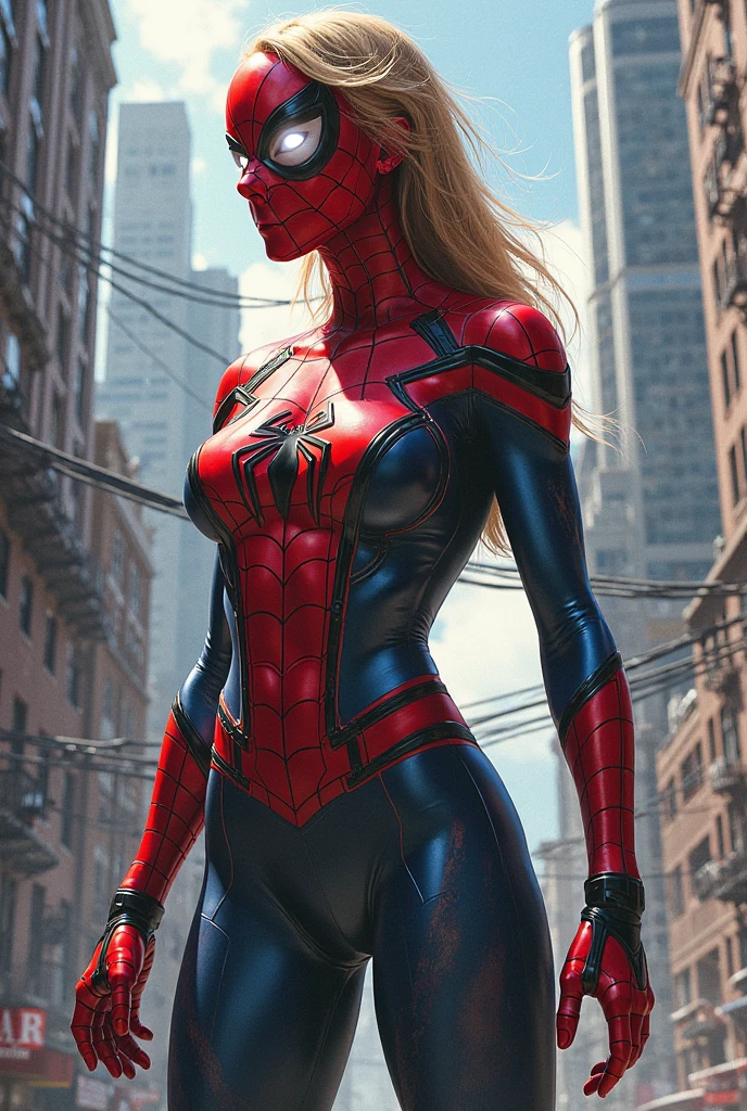 ((masterpiece, 8K, 3D, Realistic, Super Detail)), (1girl:1.3), slender 17 age, Ultra Micro photography, Super realistic, Perfect face, Beautiful features, ((Perfect female body)) Beautiful features, ( body), ((small hip)), Vanessa Kirby as Spiderman ((Exposed thigh)), Exposed Skin, Front Full body Shot, full body portrait, futuristic city background
