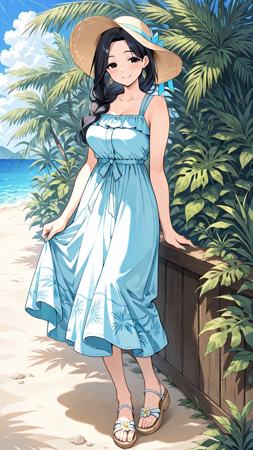 Hyperrealistic,huge saggy breasts, silky hair,big arse,glowing skin,smiling face, standing,beach,erotic dress, lewd, nsfw