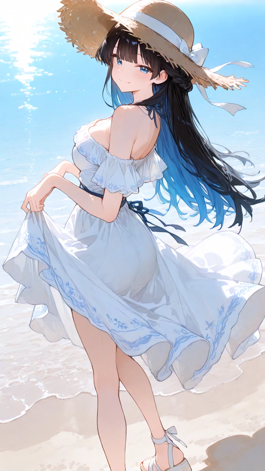 beautiful girl　profile　Degree up　White sand beach　Transparent blue sea　