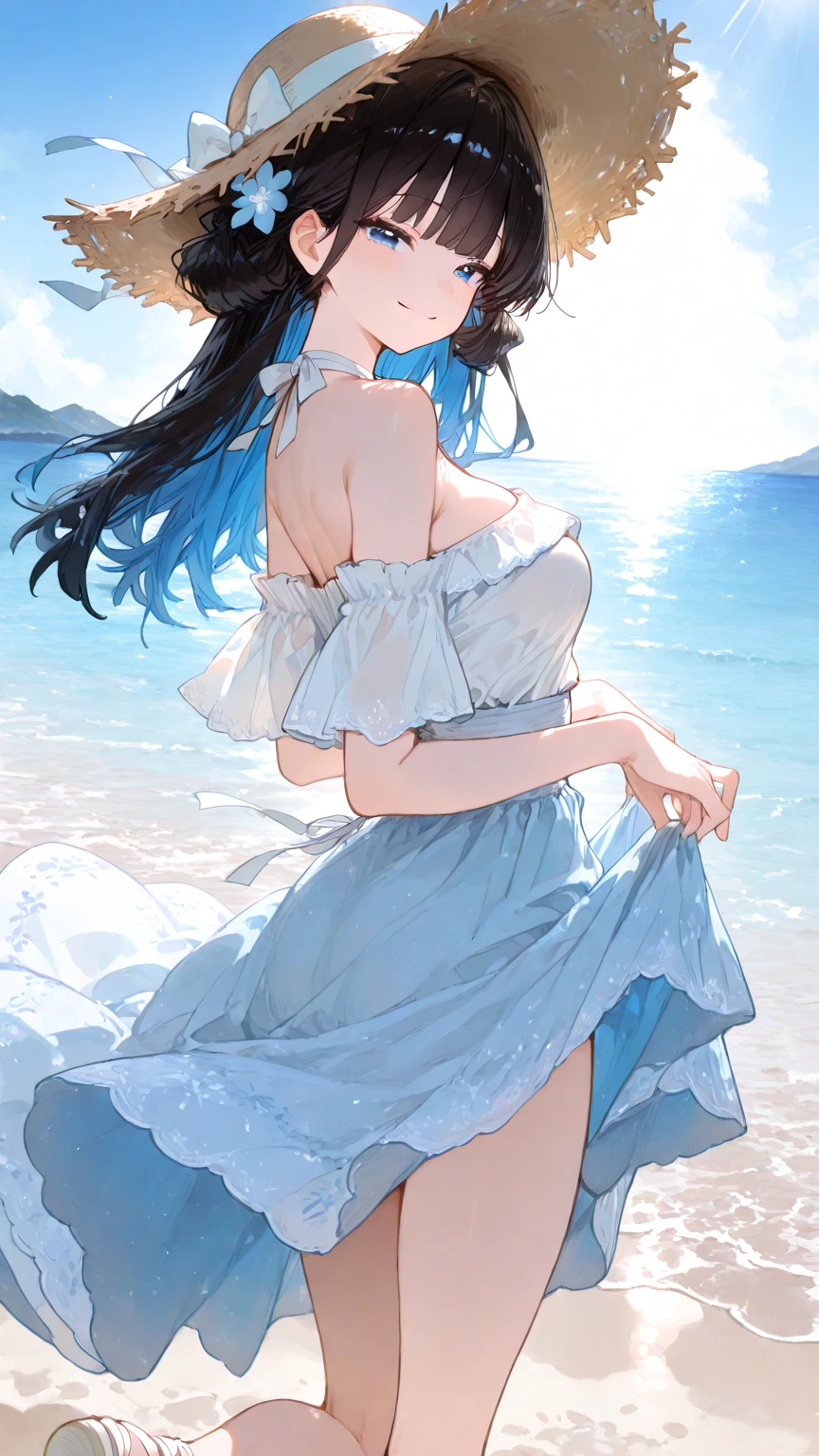 masterpiece,((ligne claire)), limited palette,best quality, flat color, low contrast, ((1girl)),(((an extremelydelicateandbeautifulgirl))),(beautiful detailed face),(beautiful detailed eyes),{long hair},hair ornamen,((middle breasts)),long black hair,hair ribbon, , standing,((looking at viewer:1.6)), view from below,beautiful detailed sky,bright sky,cloudy sky,sunlight, (detailedlight),lighting,colorful,ocean,beach, bridge,way to school,sky scraper, autumn, haze, book