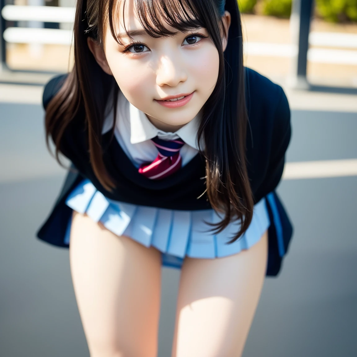 ((white short sleeve blouse、ultra mini pleated skirt、dark blue)), ((red tie))、 ((black boots))、((whole body esbion))、((side shot))、((、small and flat chest))、Beautiful girl with realistic black eyes, white skin, medium length black hair, perfect face, perfect eyes, very detailed, comprehensive movie, digital painting, 8K, cinematic lighting, highest quality, High resolution, detailed work, Post-processing, perfect results, surreal、Little dance、Frolic、My heart is excited