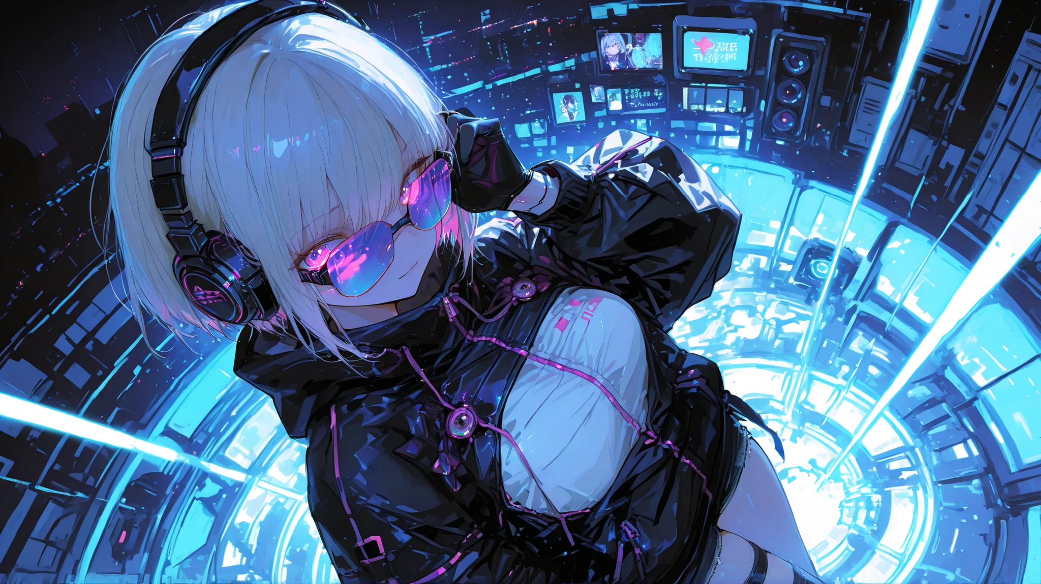 (Two Women :1.3)、two cool women、Dynamic、Cyber Fashion、headphones, Song、amazing、top quality,Cyber World Background,amazing、Moving Poses、fantastic、gloves、Glowing Sunglasses、Angle from Above